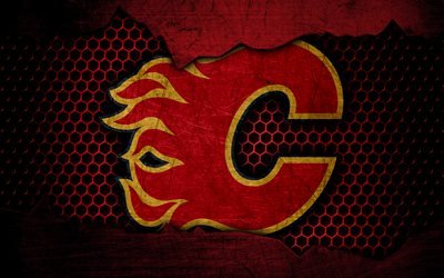 Calgary Flames, 4k, logo, NHL, hockey, Western Conference, USA, grunge, metal texture, Pacific Division