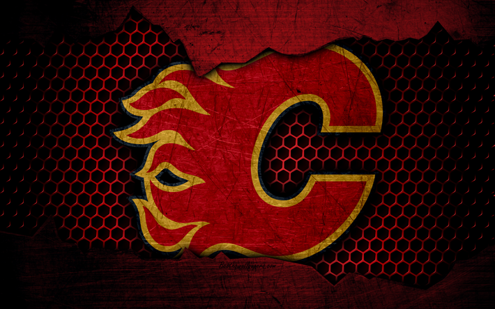 Calgary Flames, 4k, logo, NHL, j&#228;&#228;kiekko, L&#228;ntisen Konferenssin, USA, grunge, metalli rakenne, Tyynenmeren Divisioona