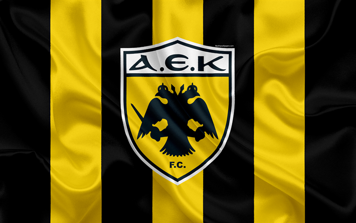 AEK Athens FC, 4k, greco football club, emblema, logo, Super League, campionato, calcio, Atene, Grecia, seta, trama, bandiera
