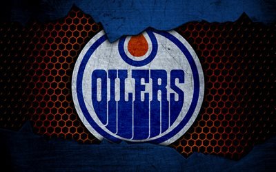 Edmonton Oilers, 4k, logo, NHL, hockey, Western Conference, USA, grunge, metal texture, Pacific Division