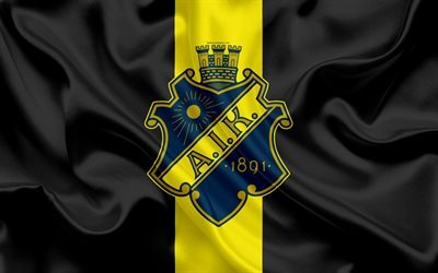 AIK FC, 4K, Swedish football club, AIK logo, emblem, Allsvenskan, football, Stockholm, Sweden, silk flag, Swedish Football Championships