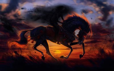 horse, field, wildlife, sunset, art