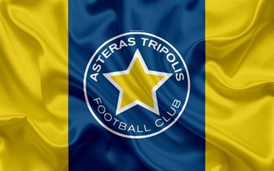 Asteras Tripolis FC, 4k, Greek football club, emblem, logo, Super League, championship, football, Tripolis, Greece, silk texture, flag