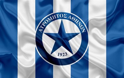 Atromitos FC, 4k, Greek football club, emblem, Atromitos logo, Super League, championship, football, Peristerion, Greece, Athens, silk texture, flag