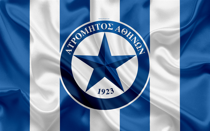 Atromitos FC, 4k, ギリシャのサッカークラブ, エンブレム, Atromitosロゴ, スーパーリーグ, 大会, サッカー, Peristerion, ギリシャ, アテネ, シルクの質感, 旗