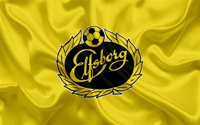 Elfsborg FC, 4k, swedish football club, Elfsborg logo, emblem, Allsvenskan, football, Boras, Sweden, silk flag, Swedish Football Championships