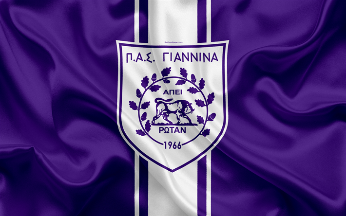 Giannina FC, 4k, ギリシャのサッカークラブ, Gianninaエンブレム, ロゴ, スーパーリーグ, 大会, サッカー, ヨアニナ, ギリシャ, シルクの質感, 旗