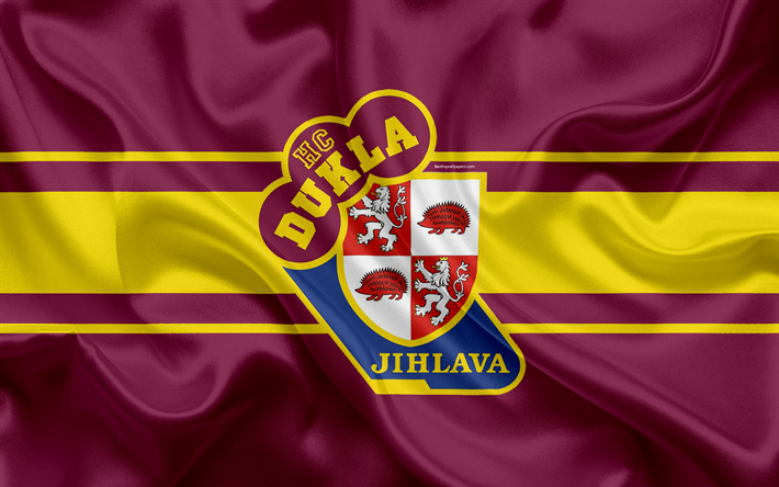 Jihlava HC, 4k, Czech hockey club, HC Dukla Jihlava, emblem, logo, Extraliga, silk flag, hockey, Jihlava, Czech Republic