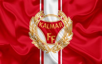 Kalmar FC, 4k, Swedish football club, logo, emblem, Allsvenskan, football, Kalmar, Sweden, silk flag, Swedish Football Championships