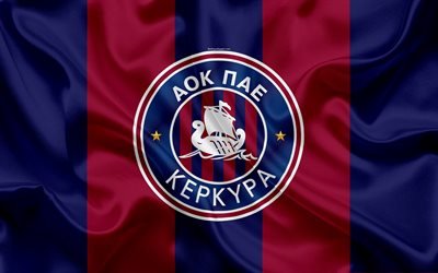 Kerkyra FC, 4k, Greek football club, Kerkyra emblem, logo, Super League, championship, football, Corfu, Greece, silk texture, flag