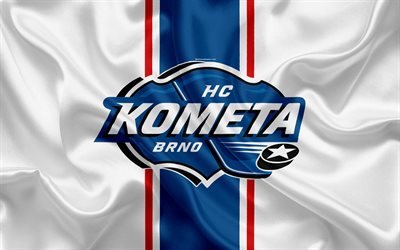 Kometa Brno HC, 4k, Czech hockey club, emblem, logo, Extraliga, silk flag, hockey, Brno, Czech Republic