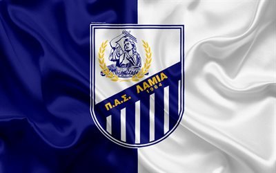 Lamia FC, 4k, Greek football club, emblem, Lamia logo, Super League, championship, football, Lamia, Greece, silk texture, flag