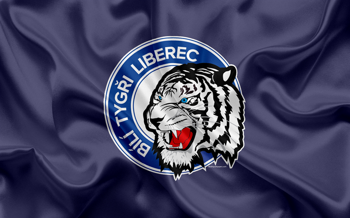 Liberec HC, 4k, Bili Tygri Liberec, en r&#233;publique tch&#232;que de hockey club, l&#39;embl&#232;me, le logo, l&#39;Extraliga, le drapeau de soie, de hockey, de Liberec, R&#233;publique tch&#232;que