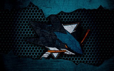 San Jose Sharks, 4k, logo, NHL, hockey, Western Conference, USA, grunge, metal texture, Pacific Division