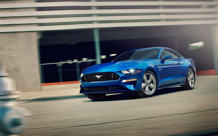 Ford Mustang, 4k, 2018 carros, musclecars, azul Mustang, os carros americanos, Ford