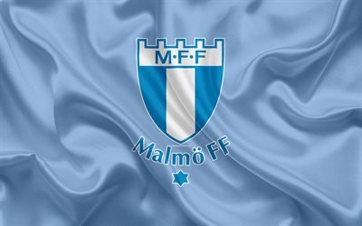 Malmo FF FC, 4k, Swedish football club, logo, emblem, Allsvenskan, football, Malmo, Sweden, silk flag, Swedish Football Championships