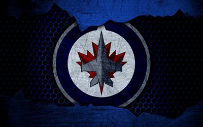 Winnipeg Jets, 4k, logo, NHL, hockey, Western Conference, USA, grunge, metal texture, Central Division, NHLJets