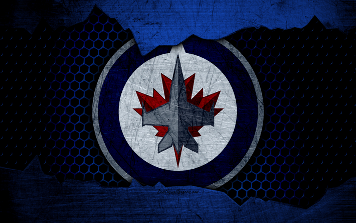 Winnipeg Jets, 4k, logo, NHL, h&#243;quei, Confer&#234;ncia Oeste, EUA, grunge, textura de metal, Divis&#227;o Central, NHLJets