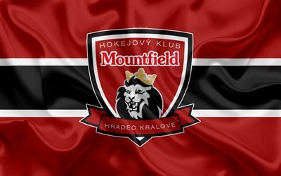 Mountfield HC, 4k, Czech hockey club, emblem, logo, Czech Extraliga, silk flag, hockey, Hradec Kr&#225;lov, Czech Republic, Mountfield HK
