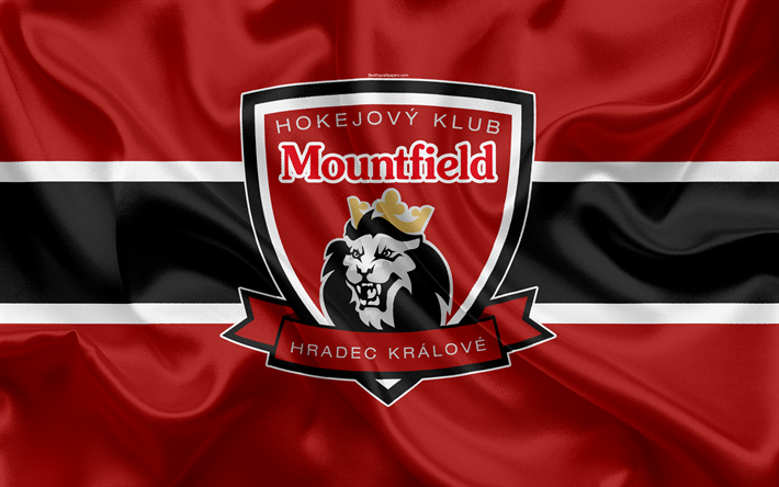 HC Mountfield, 4k, Czech hockey club, emblem, logotyp, Tjeckiska Extraliga, silk flag, hockey, Hradec Rike, Tjeckiska Republiken, Mountfield HK
