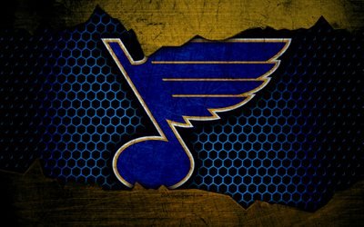 St Louis Blues, 4k, logo, NHL, hockey, Western Conference, USA, grunge, metal texture, Central Division