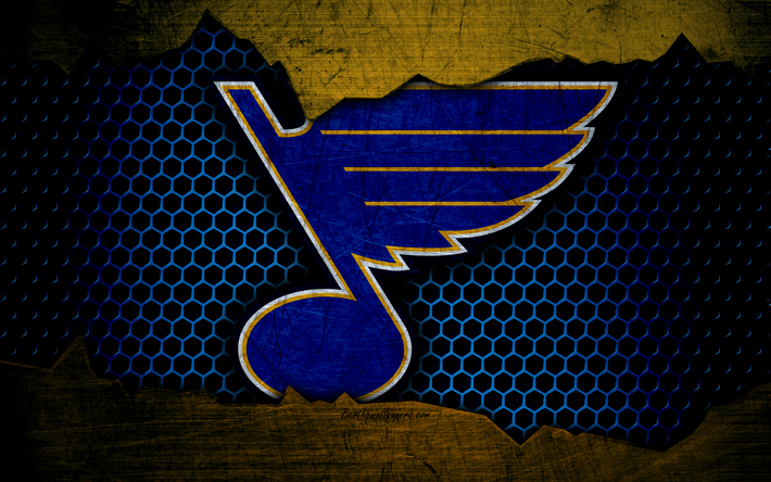 St Louis Blues, 4k, logotyp, NHL, hockey, V&#228;stra Konferensen, USA, grunge, metall textur, Central Division