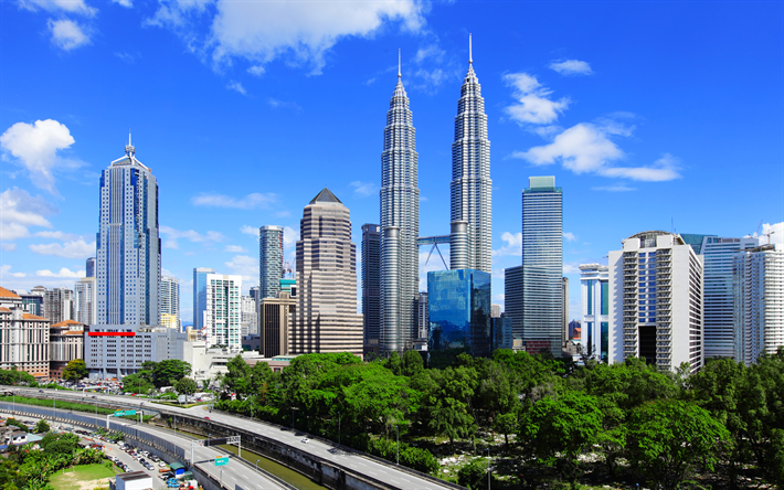 Petronas Towers, 4k, pilvenpiirt&#228;ji&#228;, Aasiassa, Kuala Lumpur, Malesia