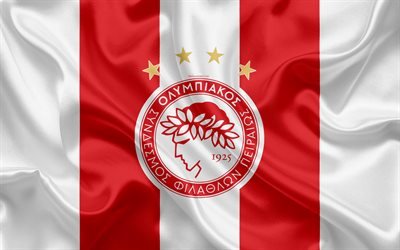 Olympiakos Piraeus FC, 4k, Greek football club, emblem, logo, Super League, championship, football, Piraeus, Greece, silk texture, flag