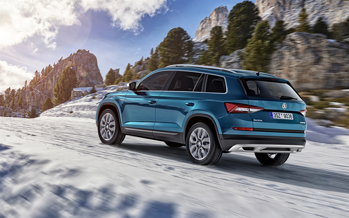 Skoda Kodiaq Scout, 2018, 4k, blue crossover, riding in the snow, winter, mountains, SUV, Czech cars, Skoda
