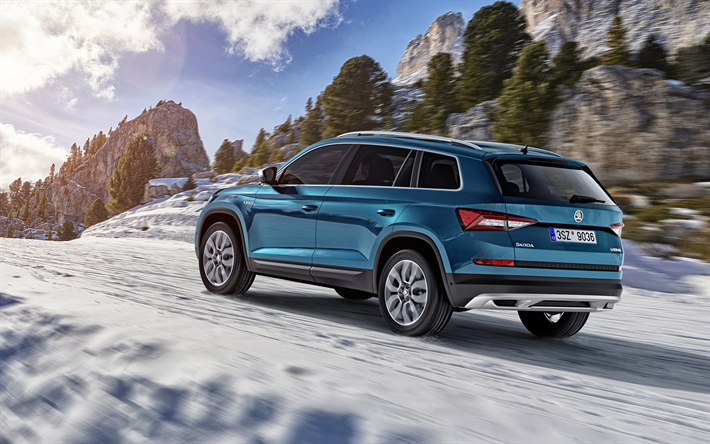 Skoda Kodiaq İzci, 2018, 4k, blue crossover, karda s&#252;rme, kış, dağlar, SUV, &#199;ek arabalar, Skoda