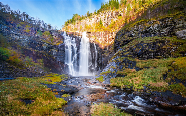 waterfall, rock, mountains, autumn, lake, Norway
