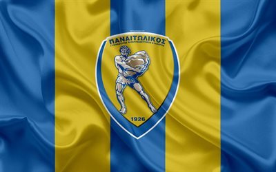 Panetolikos FC, 4k, Greek football club, emblem, Panetolikos logo, Super League, championship, football, Agrinion, Greece, silk texture, flag
