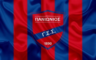 Panionios FC, 4k, Greek football club, emblem, Panionios logo, Super League, championship, football, Nea Smirni, Greece, silk texture, flag