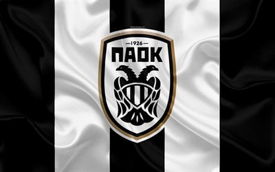 PAOK FC, 4k, Greek football club, emblem, PAOK logo, Super League, championship, football, Thessaloniki, Greece, silk texture, flag