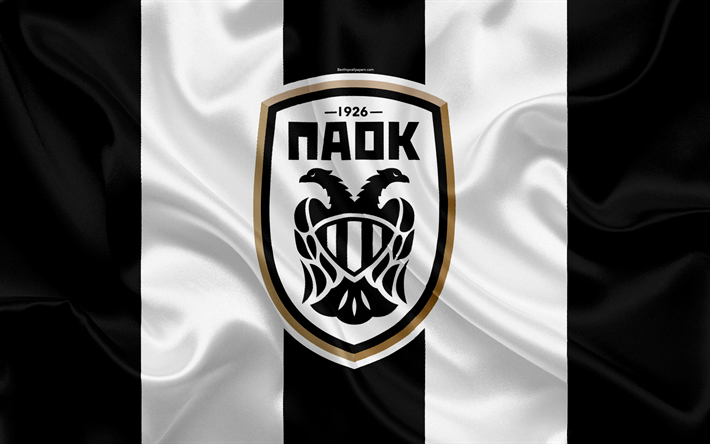 O PAOK FC, 4k, Grego futebol clube, emblema, O PAOK logotipo, Super Liga, campeonato, futebol, Sal&#243;nica, Gr&#233;cia, textura de seda, bandeira