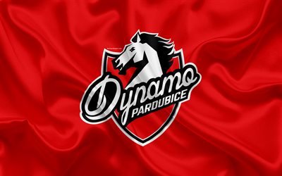 Pardubice HC, 4k, HC Dynamo Pardubice, Czech hockey club, emblem, logo, Czech Extraliga, silk flag, hockey, Pardubice, Czech Republic