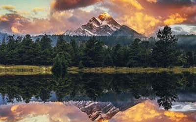 Appalachian Mountains, sunset, lake, forest, mountain landscape, USA, hdr