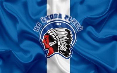 Plzen HC, 4k, Czech hockey club, emblem, logo, Czech Extraliga, silk flag, hockey, Pilsen, Czech Republic, HC Skoda Plzen