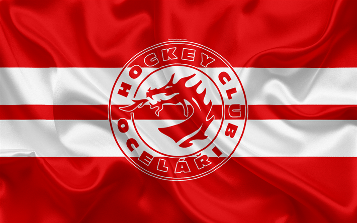 Trinec HC, 4k, Czech hockey club, emblem, logo, Czech Extraliga, silk flag, hockey, Trshinec, Czech Republic, HC Ocelari Trinec