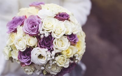 wedding bouquet, 4k, bouquet of roses, wedding, bridal bouquet, purple roses, white roses
