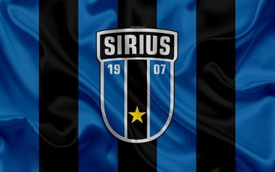 Sirius FC, 4k, Swedish football club, logo, emblem, Allsvenskan, football, Uppsala, Sweden, silk flag, Swedish Football Championships, IK Sirius Fotboll