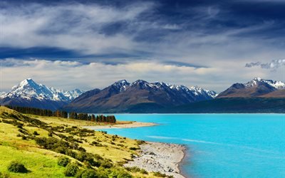 Yeni Zelanda, 4k, mavi nehir, dağlar, yaz, Patagonia