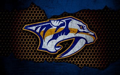 Nashville Predators, 4k, logo, NHL, hockey, Western Conference, USA, grunge, metal texture, PredsNHL, Central Division