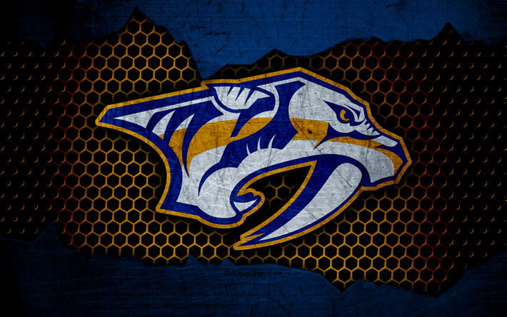 Nashville Predators, 4k, logo, NHL, j&#228;&#228;kiekko, L&#228;ntisen Konferenssin, USA, grunge, metalli rakenne, PredsNHL, Keski Division