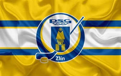 Zlin HC, Aukro Berani Zlin, 4k, Czech hockey club, emblem, logo, Czech Extraliga, silk flag, hockey, Zlin, Czech Republic