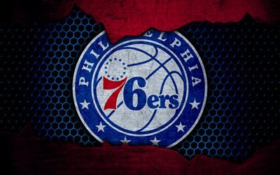 Philadelphia 76ers, 4k, logo, NBA, basketball, Eastern Conference, USA, grunge, metal texture, Atlantic Division