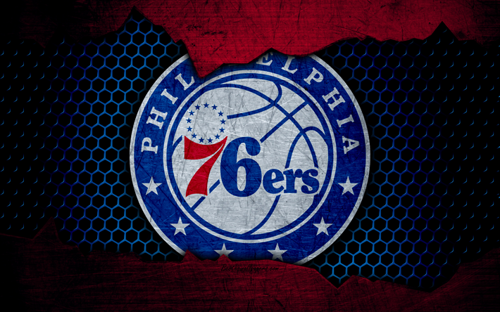 76ers de philadelphie, 4k, logo, NBA, basket-ball, de Conf&#233;rence est, les &#233;tats-unis, grunge, m&#233;tal, texture, Division de l&#39;Atlantique