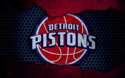 Detroit Pistons, 4k, logo, NBA, basketball, Eastern Conference, USA, grunge, metal texture, Central Division