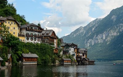 Hallstatt, montagne, Alpi, montagna, lago, paesaggio di montagna, piccolo paese, Austria
