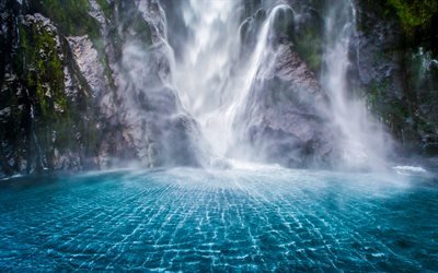 Stirling Falls, 4k, cascate, Fiordland, scogliere, Isola del Sud, Nuova Zelanda